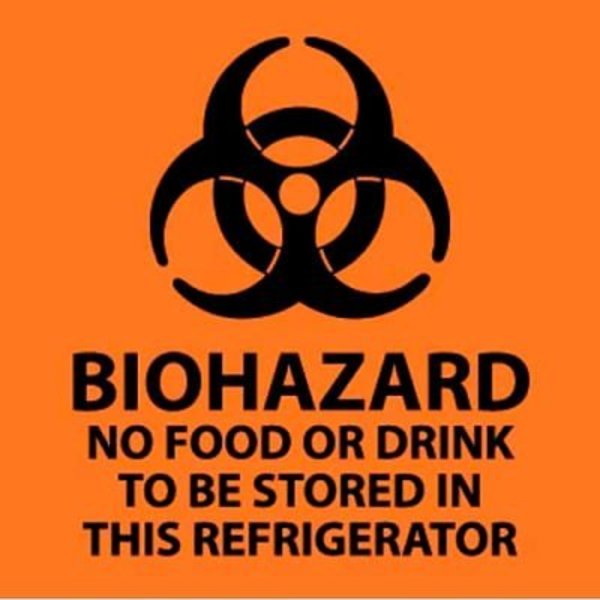 National Marker Co Warning Sign, Biohazard No Food Or Drink To Be Stored In This Refrigerator, 7in X 7in, Orange/Black S71P